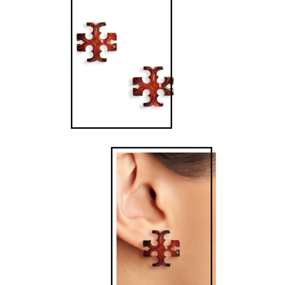 TORY BURCH Roxanne Tortoise Double T Logo Stud Earrings